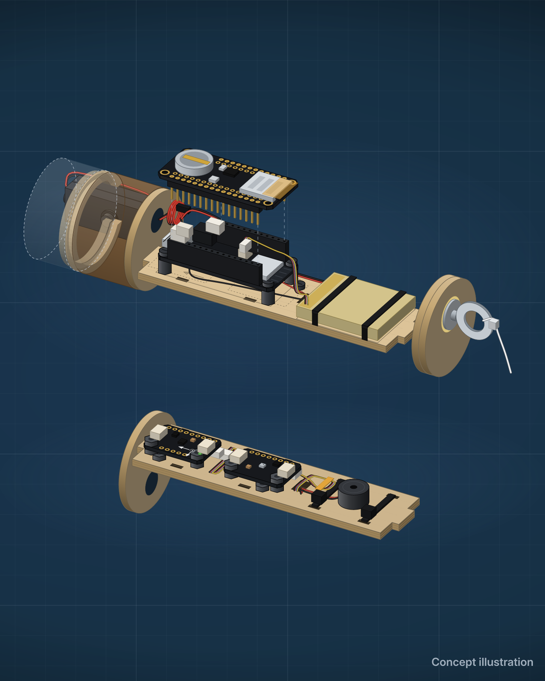 Concept illustration of the Rocket Flight Computer avionics sled and model rocket