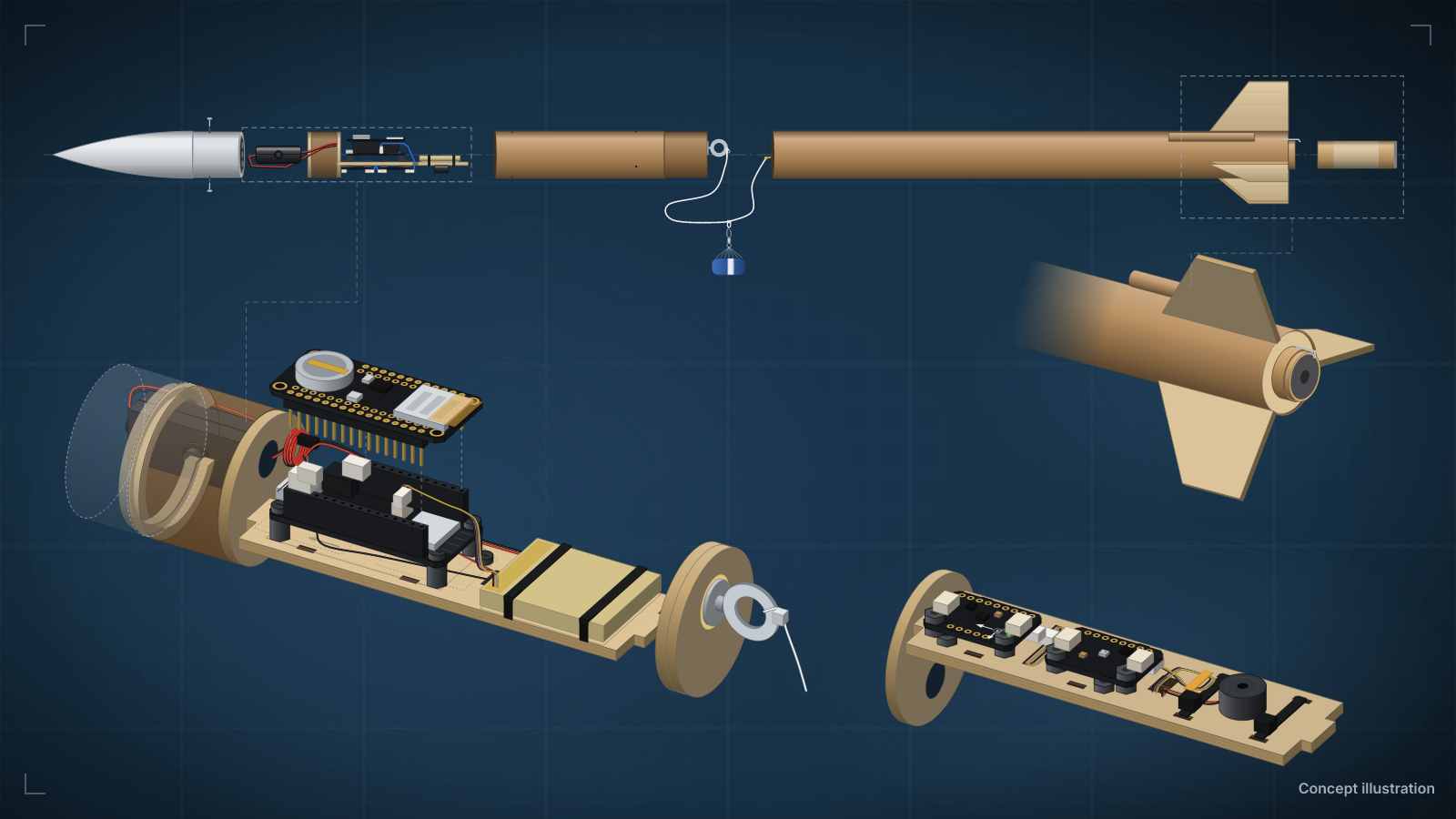 Concept illustration: the avionics sled with ESP32 Feather, barometer, IMU and LiPo, beside a BT-60 model rocket and its recovery harness